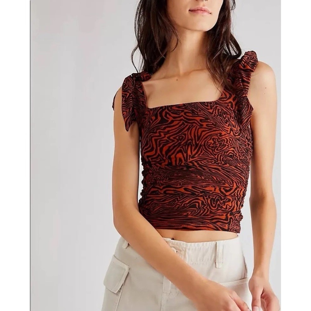 Free People Zebra Swirl Mesh Halter Top S Brown Orange Ruched Cowl Neck Tie Back